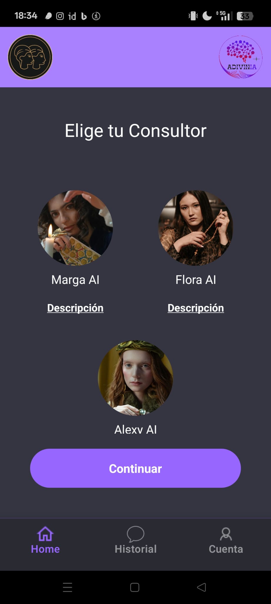 Vista previa de la aplicación Adivinia mostrando la interfaz de chat con IA